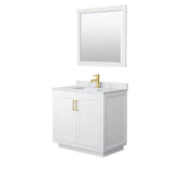 Wyndham Collection - Miranda 36 Inch Single Bathroom Vanity in White, White Carrara Marble Countertop, Undermount Square Sink, Brushed Gold Trim, 34 Inch Mirror