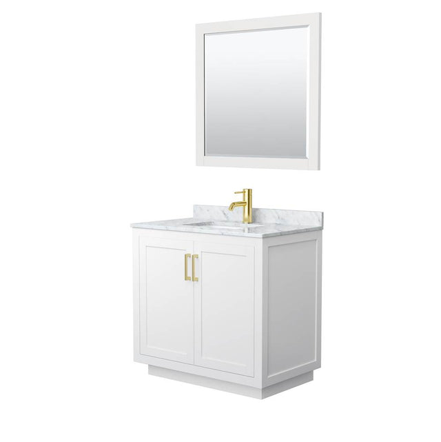 Wyndham Collection - Miranda 36 Inch Single Bathroom Vanity in White, White Carrara Marble Countertop, Undermount Square Sink, Brushed Gold Trim, 34 Inch Mirror