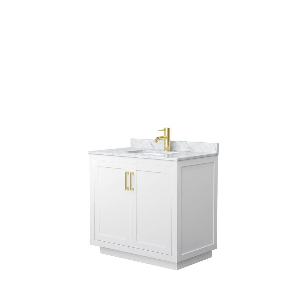 Wyndham Collection - Miranda 36 Inch Single Bathroom Vanity in White, White Carrara Marble Countertop, Undermount Square Sink, Brushed Gold Trim