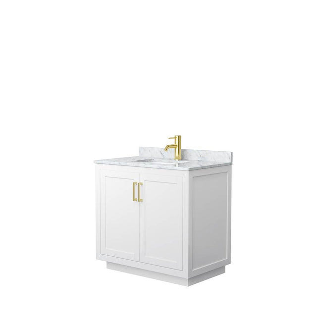 Wyndham Collection - Miranda 36 Inch Single Bathroom Vanity in White, White Carrara Marble Countertop, Undermount Square Sink, Brushed Gold Trim