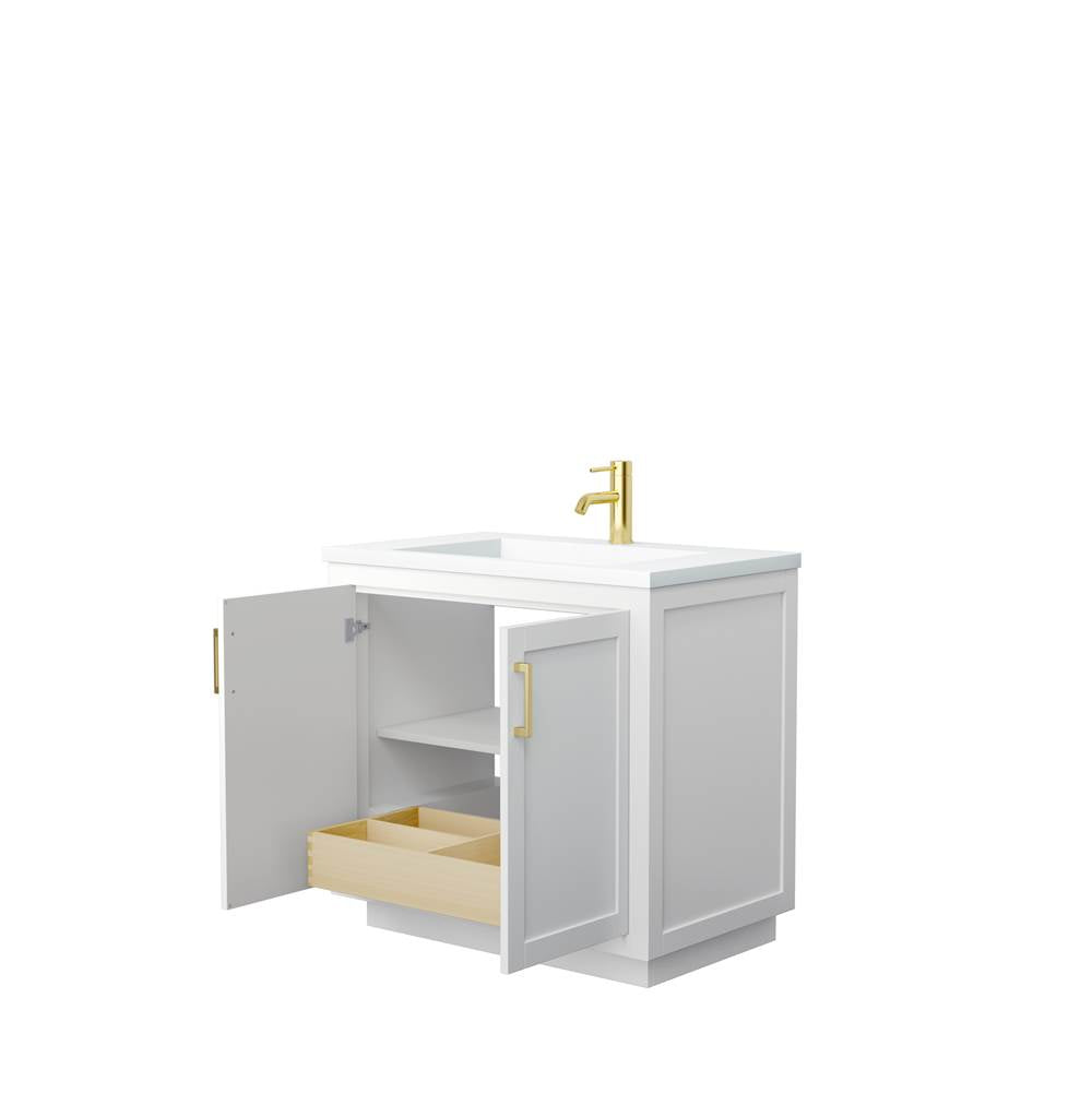 Miranda 36 Inch Single Bathroom Vanity in White, 1.25 Inch Thick Matte White Solid Surface Countertop, Integrated Sink, Brushed Gold Trim