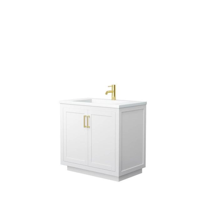 Wyndham Collection - Miranda 36 Inch Single Bathroom Vanity in White, 1.25 Inch Thick Matte White Solid Surface Countertop, Integrated Sink, Brushed Gold Trim