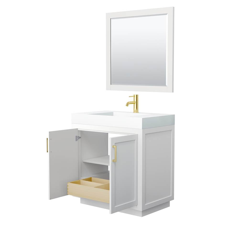 Miranda 36 Inch Single Bathroom Vanity in White, 4 Inch Thick Matte White Solid Surface Countertop, Integrated Sink, Brushed Gold Trim, 34 Inch Mirror