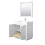 Miranda 36 Inch Single Bathroom Vanity in White, 4 Inch Thick Matte White Solid Surface Countertop, Integrated Sink, Brushed Gold Trim, 34 Inch Mirror