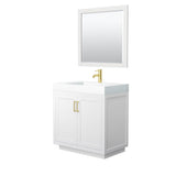 Wyndham Collection - Miranda 36 Inch Single Bathroom Vanity in White, 4 Inch Thick Matte White Solid Surface Countertop, Integrated Sink, Brushed Gold Trim, 34 Inch Mirror