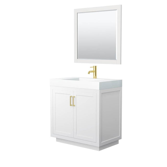 Wyndham Collection - Miranda 36 Inch Single Bathroom Vanity in White, 4 Inch Thick Matte White Solid Surface Countertop, Integrated Sink, Brushed Gold Trim, 34 Inch Mirror