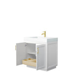 Miranda 36 Inch Single Bathroom Vanity in White, 4 Inch Thick Matte White Solid Surface Countertop, Integrated Sink, Brushed Gold Trim
