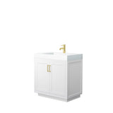 Wyndham Collection - Miranda 36 Inch Single Bathroom Vanity in White, 4 Inch Thick Matte White Solid Surface Countertop, Integrated Sink, Brushed Gold Trim