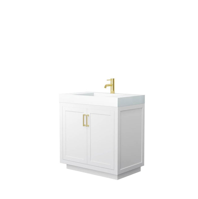 Wyndham Collection - Miranda 36 Inch Single Bathroom Vanity in White, 4 Inch Thick Matte White Solid Surface Countertop, Integrated Sink, Brushed Gold Trim