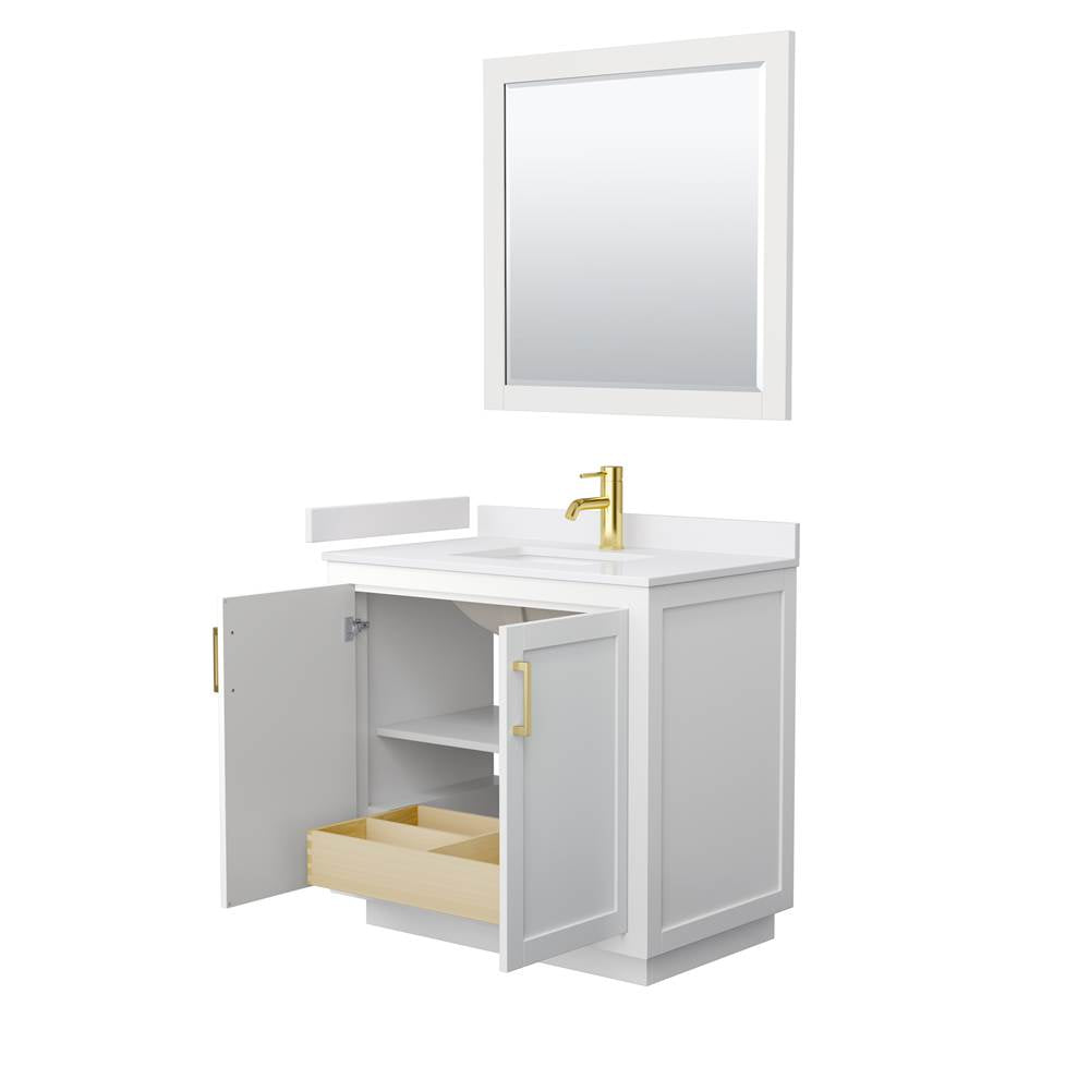Miranda 36 Inch Single Bathroom Vanity in White, White Cultured Marble Countertop, Undermount Square Sink, Brushed Gold Trim, 34 Inch Mirror
