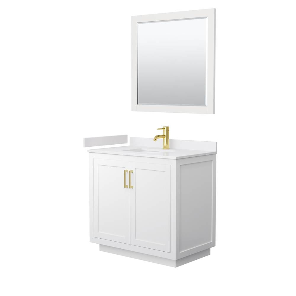 Wyndham Collection - Miranda 36 Inch Single Bathroom Vanity in White, White Cultured Marble Countertop, Undermount Square Sink, Brushed Gold Trim, 34 Inch Mirror