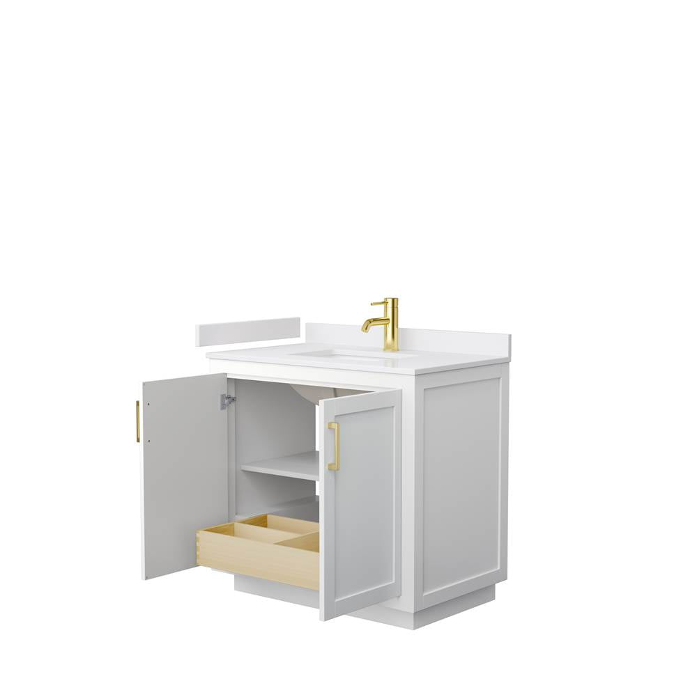 Miranda 36 Inch Single Bathroom Vanity in White, White Cultured Marble Countertop, Undermount Square Sink, Brushed Gold Trim