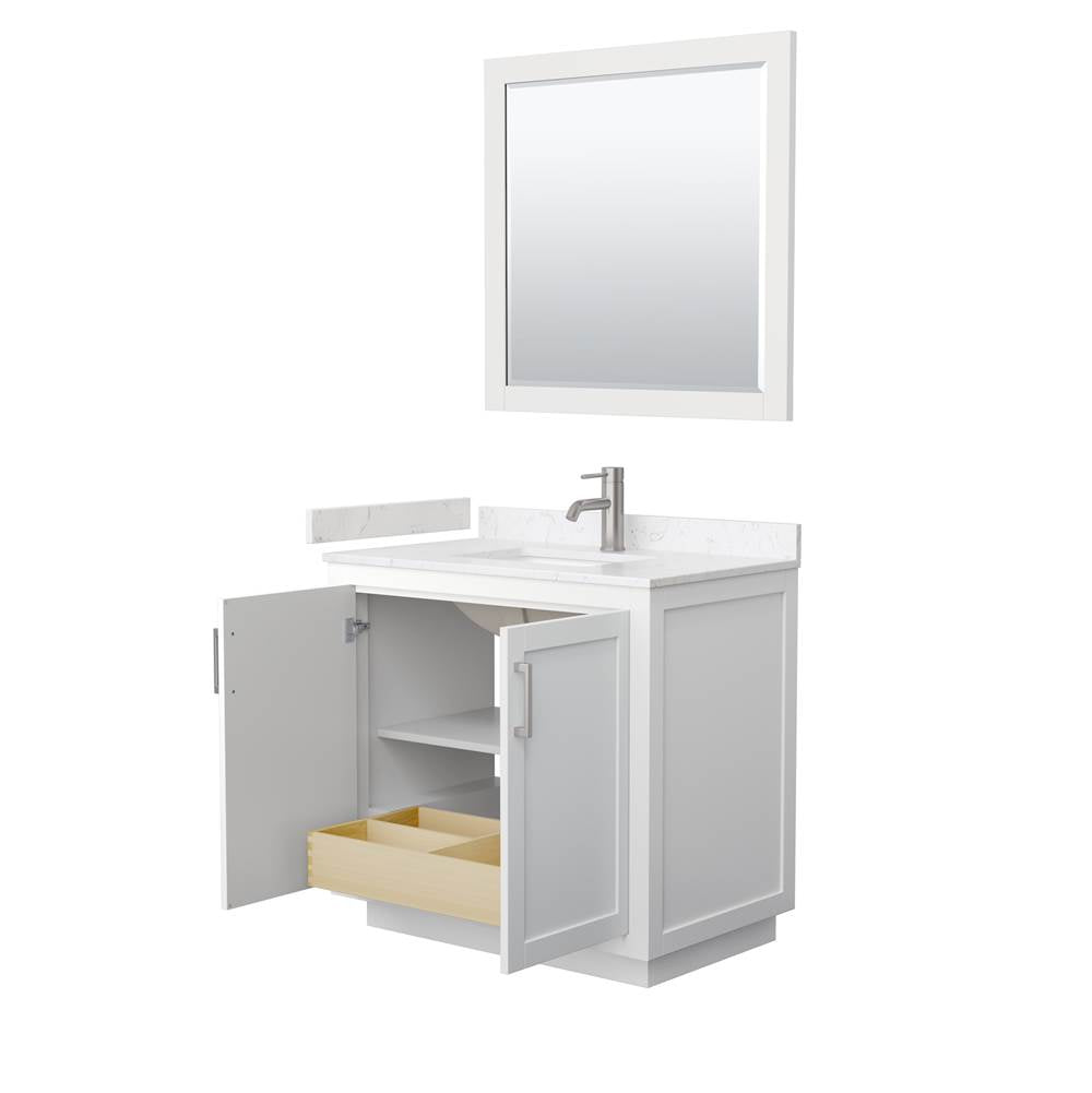 Miranda 36 Inch Single Bathroom Vanity in White, Carrara Cultured Marble Countertop, Undermount Square Sink, Brushed Nickel Trim, 34 Inch Mirror