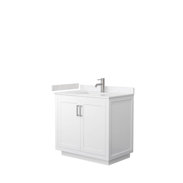 Wyndham Collection - Miranda 36 Inch Single Bathroom Vanity in White, Carrara Cultured Marble Countertop, Undermount Square Sink, Brushed Nickel Trim