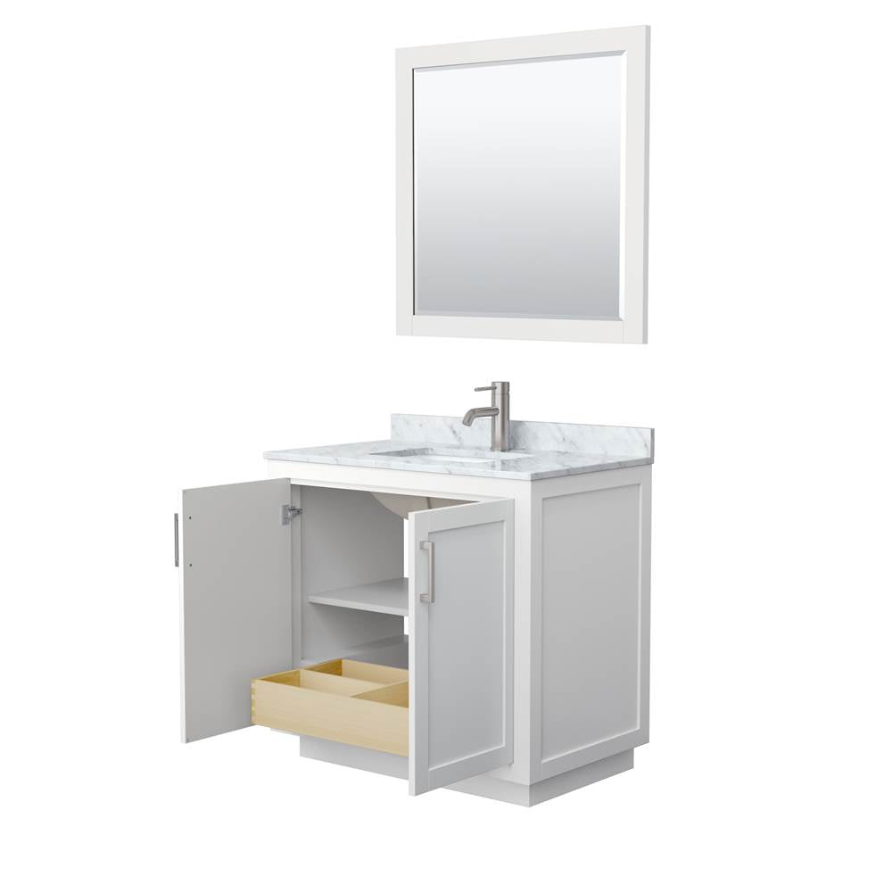 Miranda 36 Inch Single Bathroom Vanity in White, White Carrara Marble Countertop, Undermount Square Sink, Brushed Nickel Trim, 34 Inch Mirror