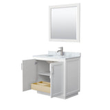 Miranda 36 Inch Single Bathroom Vanity in White, White Carrara Marble Countertop, Undermount Square Sink, Brushed Nickel Trim, 34 Inch Mirror
