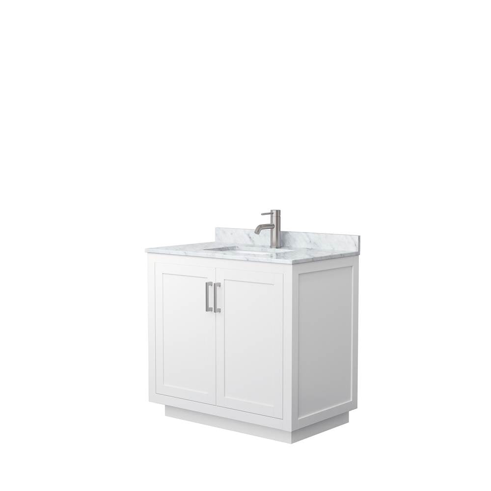 Wyndham Collection - Miranda 36 Inch Single Bathroom Vanity in White, White Carrara Marble Countertop, Undermount Square Sink, Brushed Nickel Trim