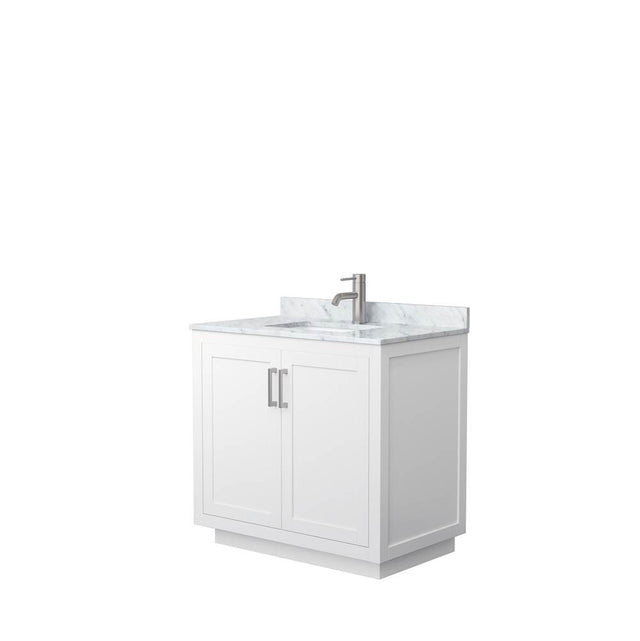 Wyndham Collection - Miranda 36 Inch Single Bathroom Vanity in White, White Carrara Marble Countertop, Undermount Square Sink, Brushed Nickel Trim