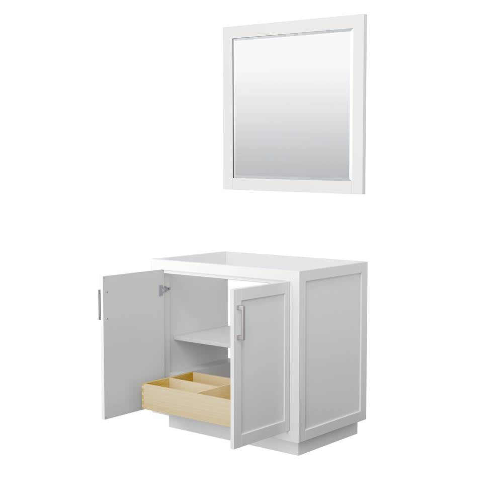 Miranda 36 Inch Single Bathroom Vanity in White, No Countertop, No Sink, Brushed Nickel Trim, 34 Inch Mirror