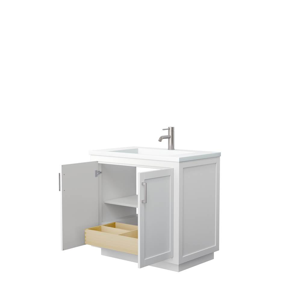 Miranda 36 Inch Single Bathroom Vanity in White, 1.25 Inch Thick Matte White Solid Surface Countertop, Integrated Sink, Brushed Nickel Trim