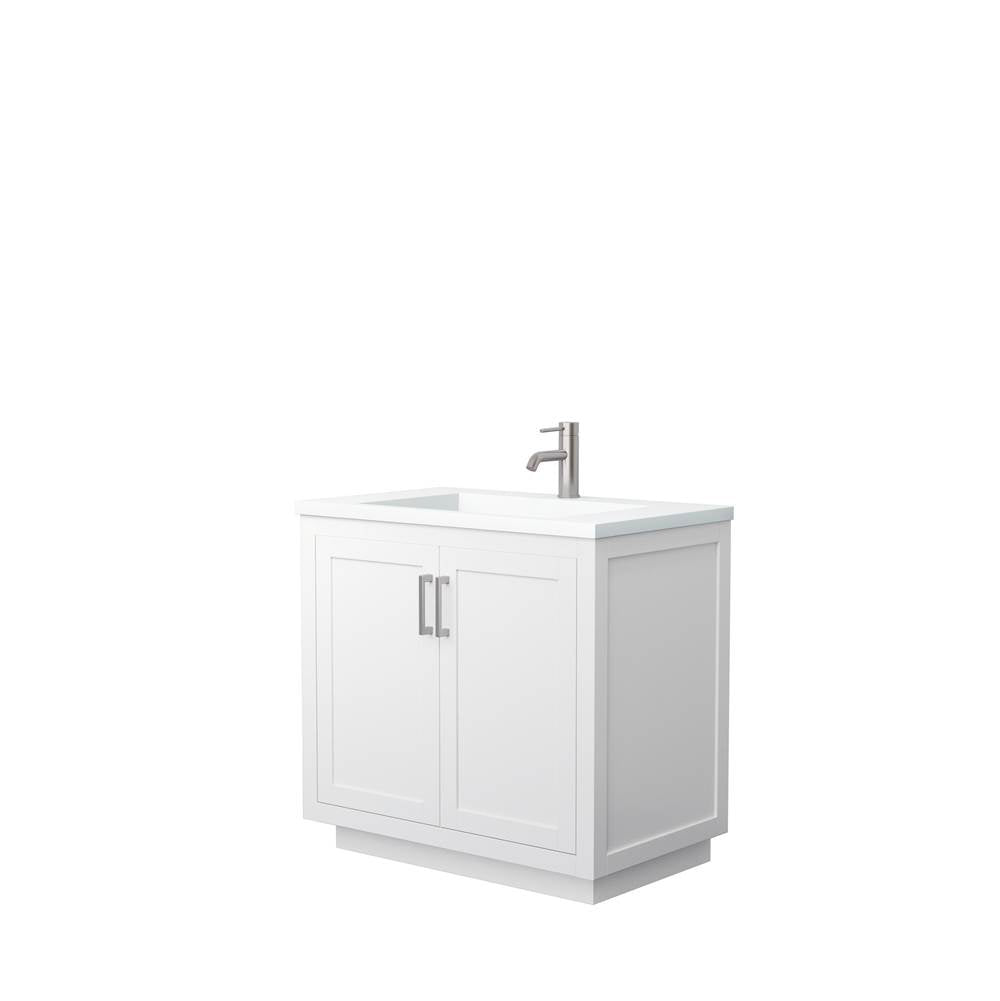 Wyndham Collection - Miranda 36 Inch Single Bathroom Vanity in White, 1.25 Inch Thick Matte White Solid Surface Countertop, Integrated Sink, Brushed Nickel Trim