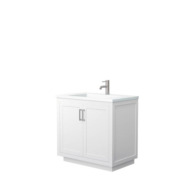 Wyndham Collection - Miranda 36 Inch Single Bathroom Vanity in White, 1.25 Inch Thick Matte White Solid Surface Countertop, Integrated Sink, Brushed Nickel Trim
