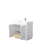 Miranda 36 Inch Single Bathroom Vanity in White, 4 Inch Thick Matte White Solid Surface Countertop, Integrated Sink, Brushed Nickel Trim