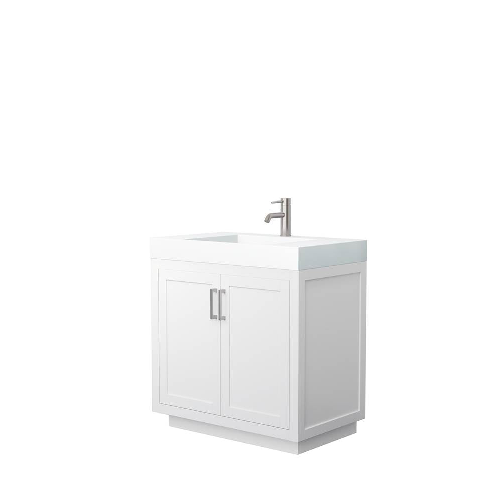 Wyndham Collection - Miranda 36 Inch Single Bathroom Vanity in White, 4 Inch Thick Matte White Solid Surface Countertop, Integrated Sink, Brushed Nickel Trim