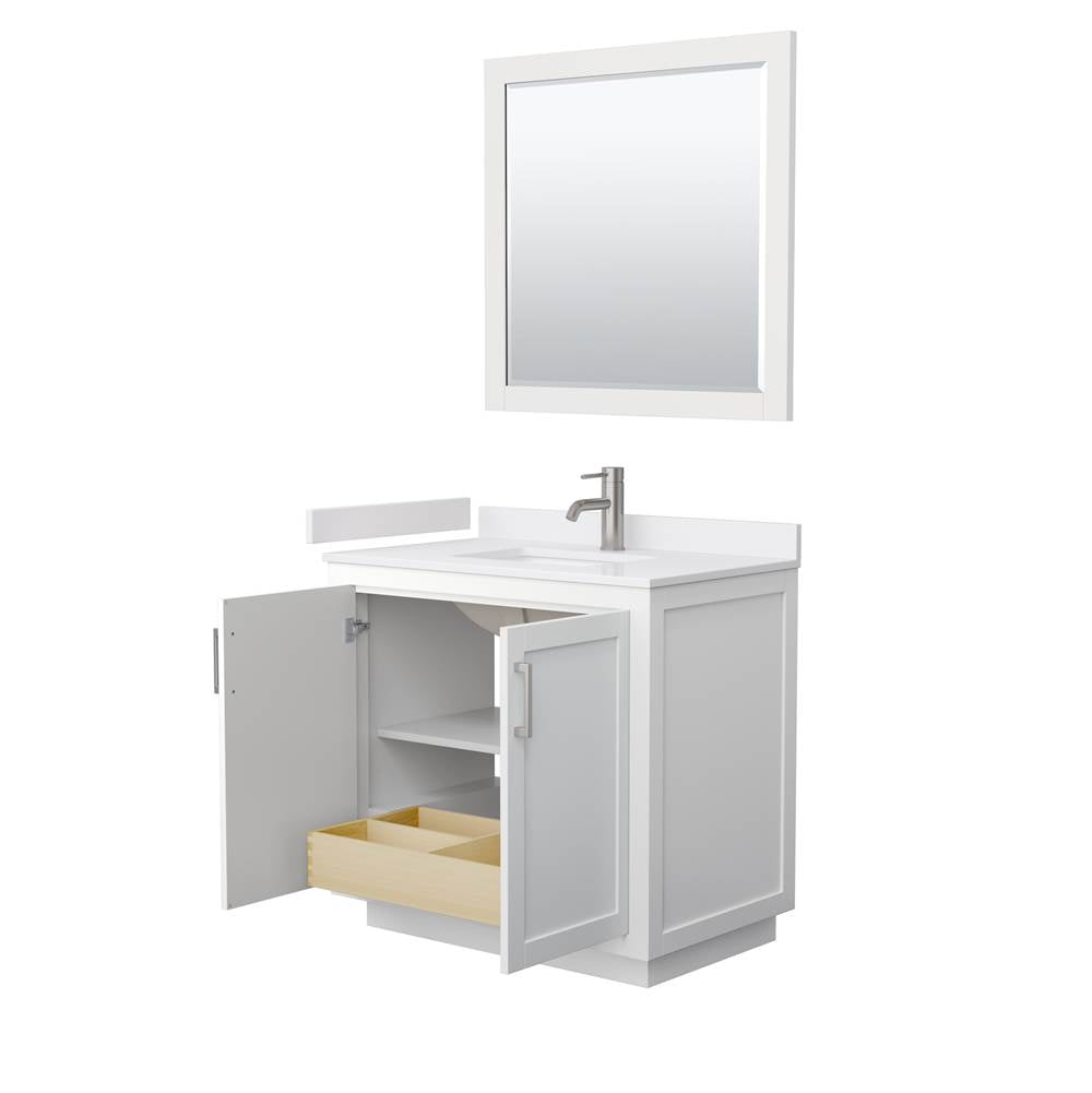 Miranda 36 Inch Single Bathroom Vanity in White, White Cultured Marble Countertop, Undermount Square Sink, Brushed Nickel Trim, 34 Inch Mirror