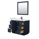 Miranda 42 Inch Single Bathroom Vanity in Dark Blue, Carrara Cultured Marble Countertop, Undermount Square Sink, Matte Black Trim, 34 Inch Mirror
