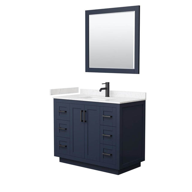 Wyndham Collection - Miranda 42 Inch Single Bathroom Vanity in Dark Blue, Carrara Cultured Marble Countertop, Undermount Square Sink, Matte Black Trim, 34 Inch Mirror