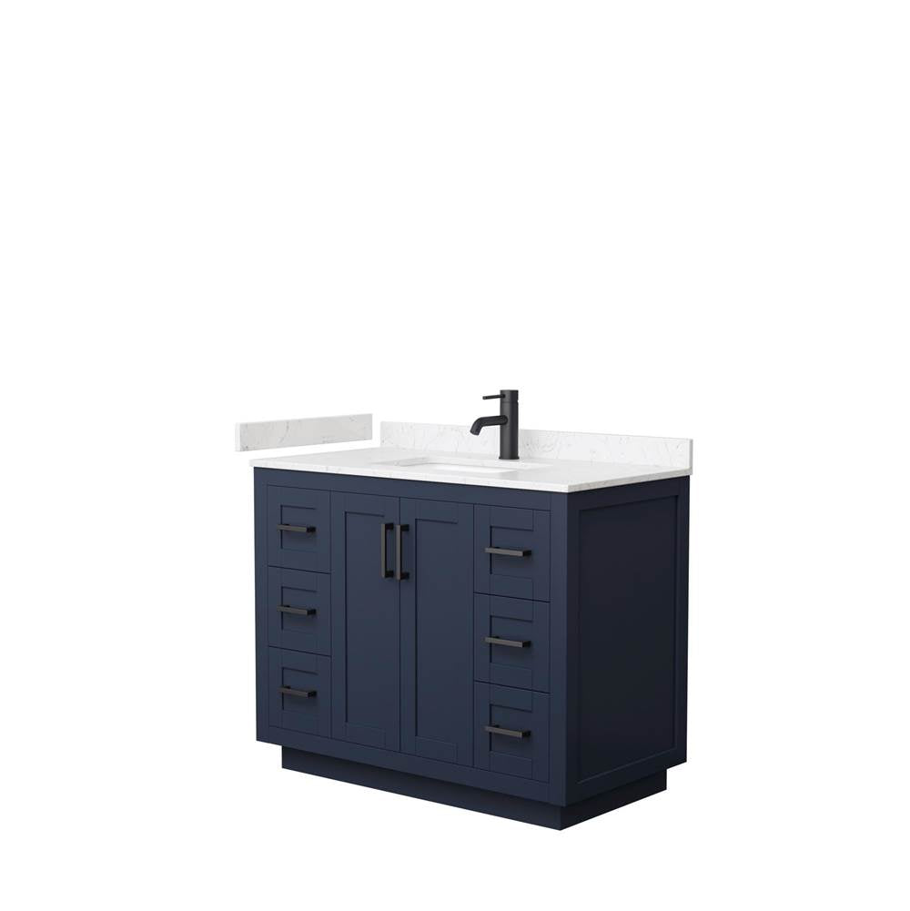 Wyndham Collection - Miranda 42 Inch Single Bathroom Vanity in Dark Blue, Carrara Cultured Marble Countertop, Undermount Square Sink, Matte Black Trim