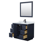 Miranda 42 Inch Single Bathroom Vanity in Dark Blue, White Carrara Marble Countertop, Undermount Square Sink, Matte Black Trim, 34 Inch Mirror