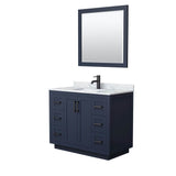Wyndham Collection - Miranda 42 Inch Single Bathroom Vanity in Dark Blue, White Carrara Marble Countertop, Undermount Square Sink, Matte Black Trim, 34 Inch Mirror