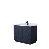 Wyndham Collection - Miranda 42 Inch Single Bathroom Vanity in Dark Blue, White Carrara Marble Countertop, Undermount Square Sink, Matte Black Trim