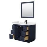 Miranda 42 Inch Single Bathroom Vanity in Dark Blue, White Cultured Marble Countertop, Undermount Square Sink, Matte Black Trim, 34 Inch Mirror