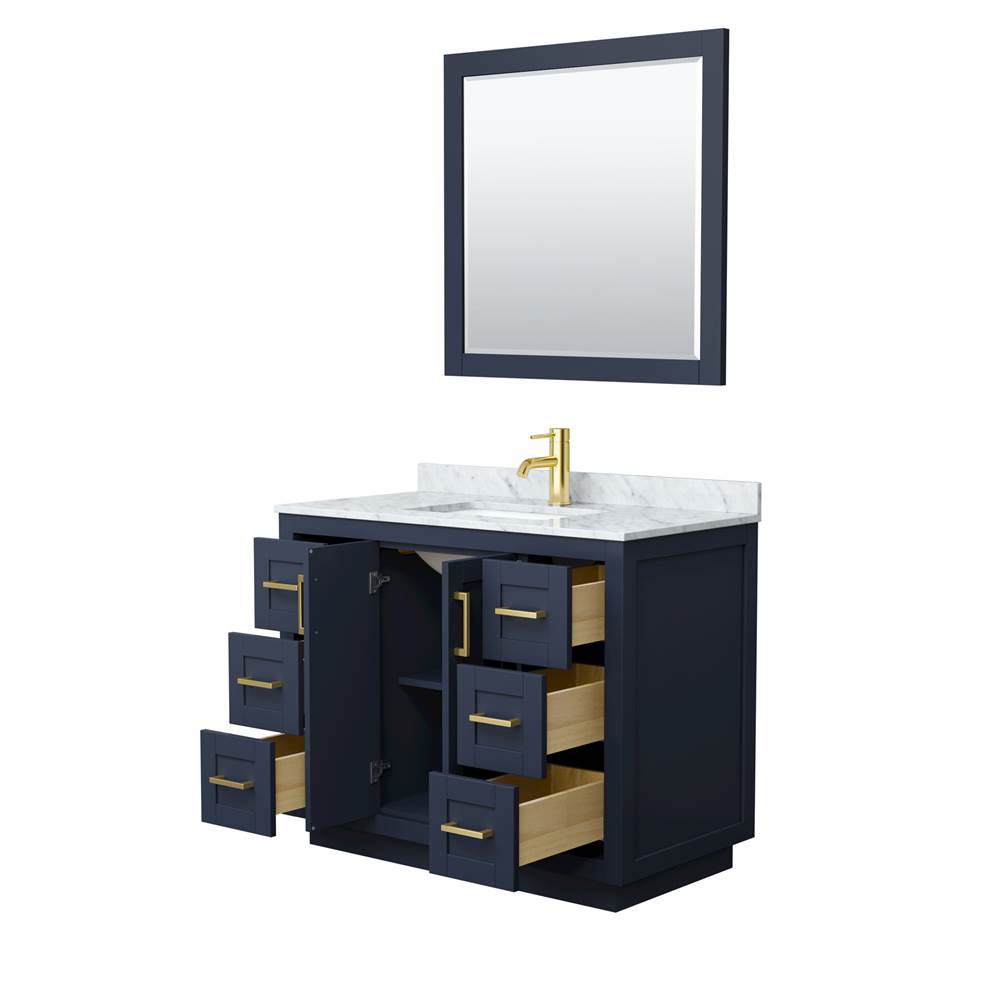 Miranda 42 Inch Single Bathroom Vanity in Dark Blue, White Carrara Marble Countertop, Undermount Square Sink, Brushed Gold Trim, 34 Inch Mirror