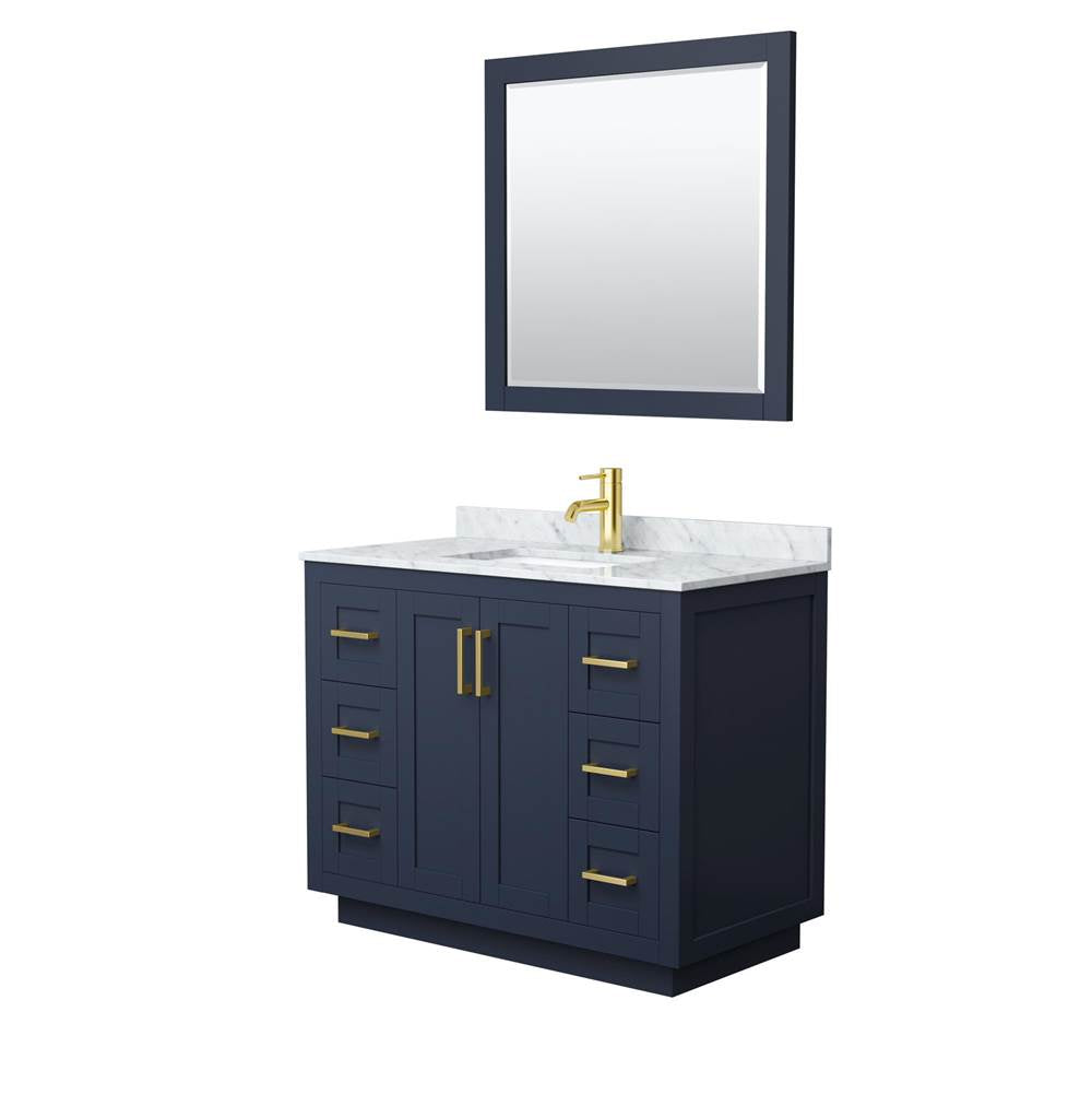 Wyndham Collection - Miranda 42 Inch Single Bathroom Vanity in Dark Blue, White Carrara Marble Countertop, Undermount Square Sink, Brushed Gold Trim, 34 Inch Mirror