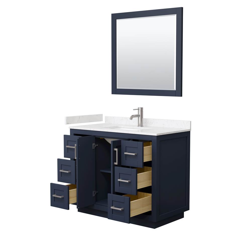 Miranda 42 Inch Single Bathroom Vanity in Dark Blue, Carrara Cultured Marble Countertop, Undermount Square Sink, Brushed Nickel Trim, 34 Inch Mirror