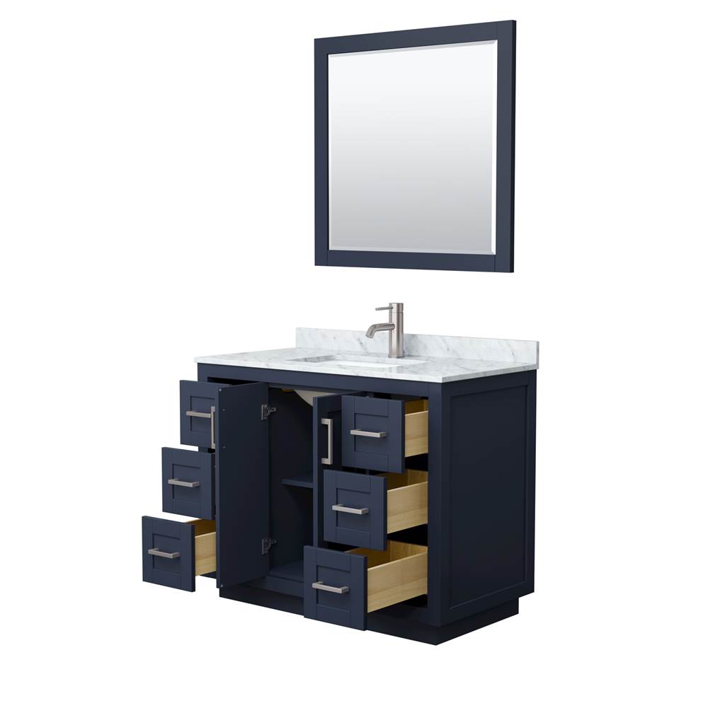 Miranda 42 Inch Single Bathroom Vanity in Dark Blue, White Carrara Marble Countertop, Undermount Square Sink, Brushed Nickel Trim, 34 Inch Mirror