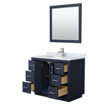 Miranda 42 Inch Single Bathroom Vanity in Dark Blue, White Carrara Marble Countertop, Undermount Square Sink, Brushed Nickel Trim, 34 Inch Mirror