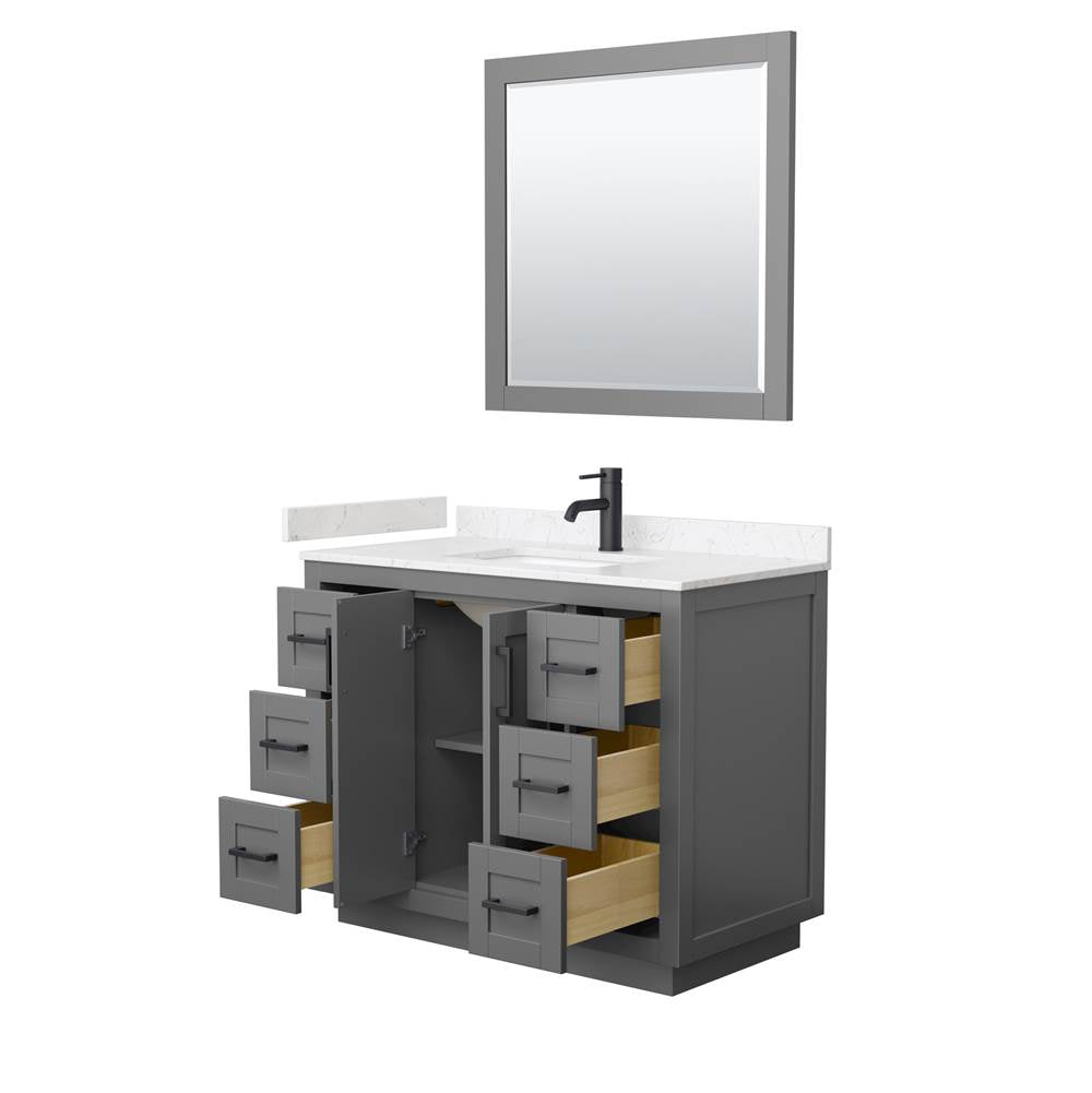 Miranda 42 Inch Single Bathroom Vanity in Dark Gray, Carrara Cultured Marble Countertop, Undermount Square Sink, Matte Black Trim, 34 Inch Mirror