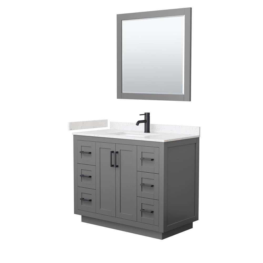 Wyndham Collection - Miranda 42 Inch Single Bathroom Vanity in Dark Gray, Carrara Cultured Marble Countertop, Undermount Square Sink, Matte Black Trim, 34 Inch Mirror