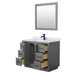 Miranda 42 Inch Single Bathroom Vanity in Dark Gray, White Carrara Marble Countertop, Undermount Square Sink, Matte Black Trim, 34 Inch Mirror