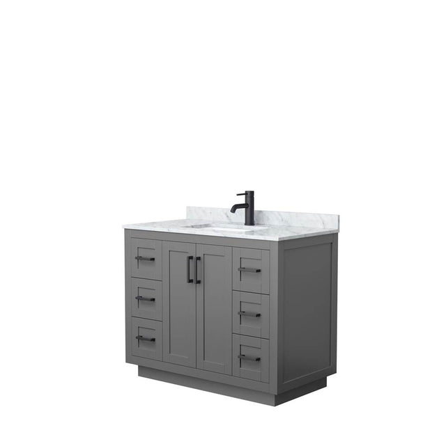 Wyndham Collection - Miranda 42 Inch Single Bathroom Vanity in Dark Gray, White Carrara Marble Countertop, Undermount Square Sink, Matte Black Trim