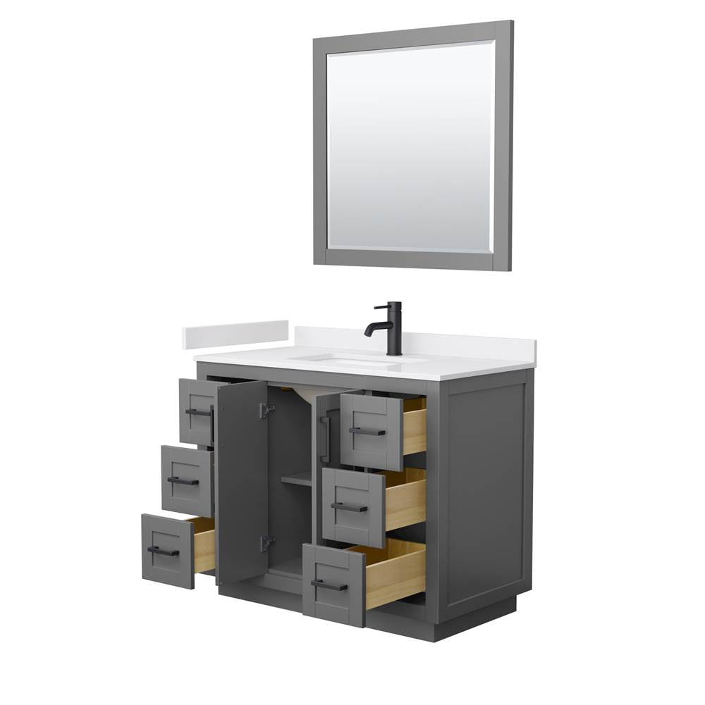 Miranda 42 Inch Single Bathroom Vanity in Dark Gray, White Cultured Marble Countertop, Undermount Square Sink, Matte Black Trim, 34 Inch Mirror
