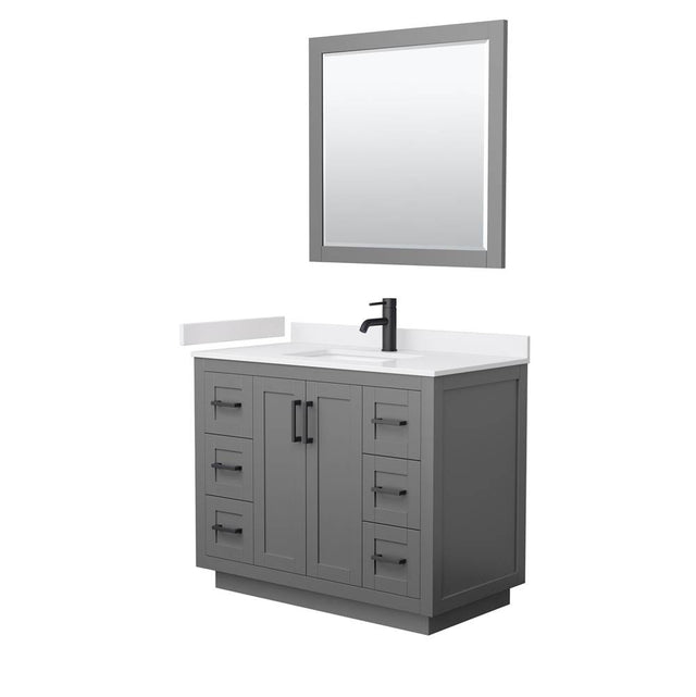 Wyndham Collection - Miranda 42 Inch Single Bathroom Vanity in Dark Gray, White Cultured Marble Countertop, Undermount Square Sink, Matte Black Trim, 34 Inch Mirror