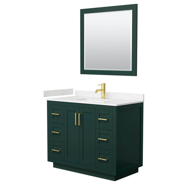 Wyndham Collection - Miranda 42 Inch Single Bathroom Vanity in Green, Carrara Cultured Marble Countertop, Undermount Square Sink, Brushed Gold Trim, 34 Inch Mirror