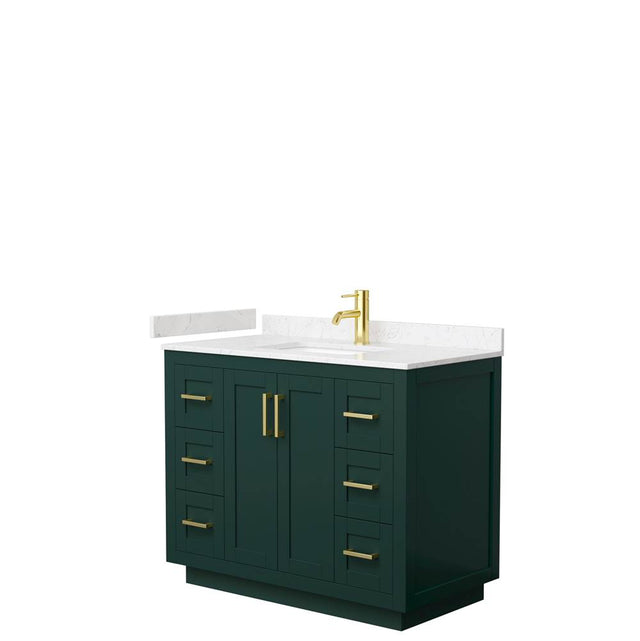 Wyndham Collection - Miranda 42 Inch Single Bathroom Vanity in Green, Carrara Cultured Marble Countertop, Undermount Square Sink, Brushed Gold Trim