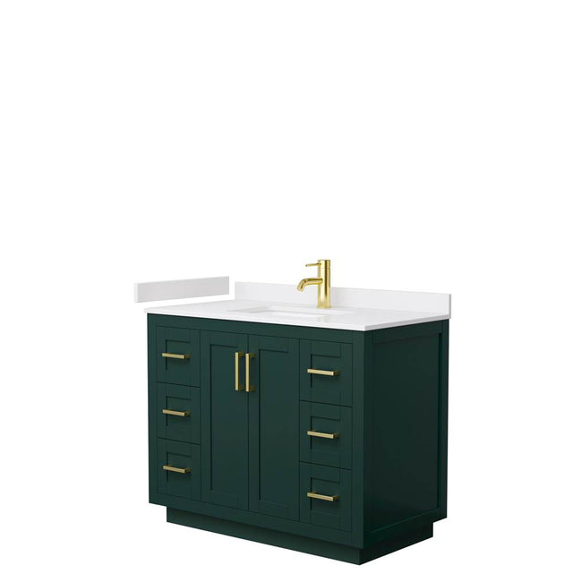 Wyndham Collection - Miranda 42 Inch Single Bathroom Vanity in Green, White Cultured Marble Countertop, Undermount Square Sink, Brushed Gold Trim
